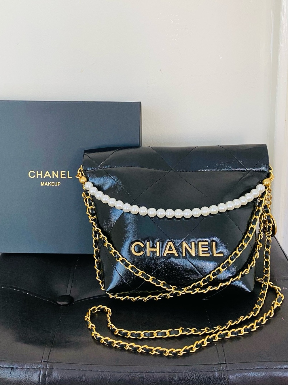 New Chanel Makeup GWP Black Quilted Faux Leather 22 Mini Crossbody Shoulder Bag